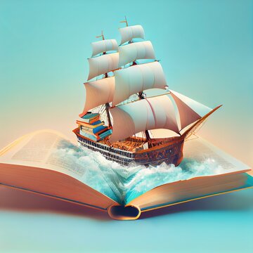 Sailboat sailing on the open book pages. Fairy isometric diorama. Creative illustration generated by Ai. Generative art