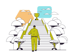businessman walking up stairway to golden trophy cup business man win prize path to successful growth victory