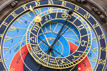 Prague astronomical clock close-up. The main attraction of the capital of the Czech Republic. Background