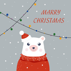 Polar bear in a New Year's red hat and a red scarf with garlands in the background and a merry christmas greeting in a flat style