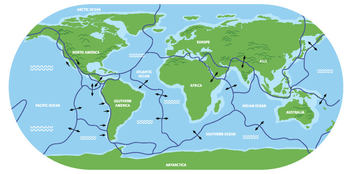 Map of tectonic plates and boundaries