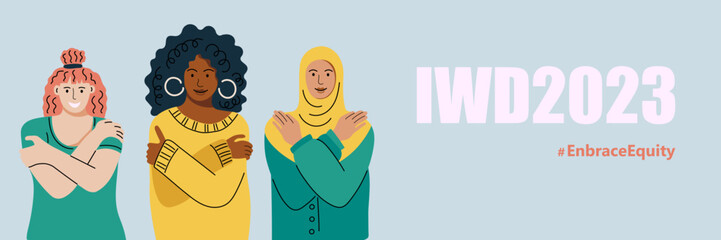 Embrace Equity is campaign theme of International Women's Day 2023. Women are hugging herself. Vector illustration.