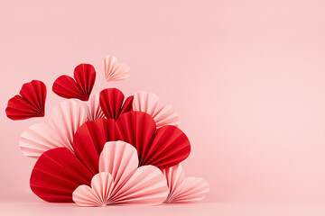 Sweet happiness Valentine day scene mockup - soar pink and red origami paper hearts on pink color,...