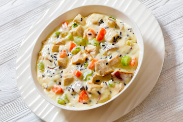 Turkey Wild Rice Soup in bowl, top view