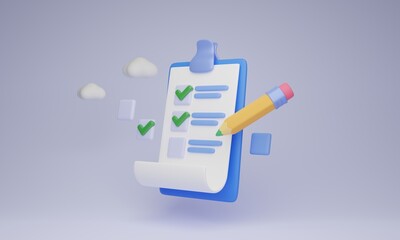 Checklist document with filled check marks and pencil, 3D illustration concept. Clipboard with questionnaire survey form. Task planning and setting goals. To do list completion and work assessment.
