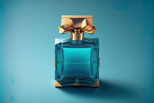 Fragrant, Costly Perfume Sitting On A Blue Table In The Foreground, Presented As A Gift. Generative AI