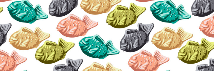 Background of Korean cuisine called colored taiki. Japanese street food in the form of colored fish on a white background. Pies with sweet filling. Suitable for printing on textiles and paper.