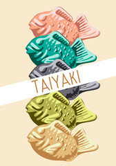An illustration of Korean cuisine called colored taiki. Japanese street food in the form of colored fish on a white background with an inscription. Suitable for printing on textiles and paper.