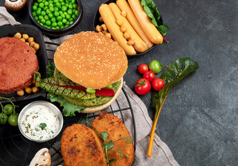 Variety of plant based meat, food.