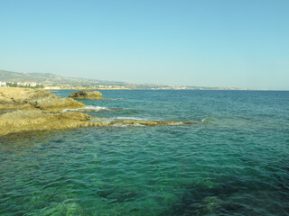 Naklejka na ściany i meble Seashore and small lagoon. Rocky Mediterranean coast.