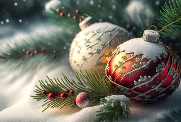 Two Christmas ornaments on top of a snow-covered ground next to the pine tree branches. A Christmas Wallpaper. A Christmas Scene. Generative AI Digital Illustration