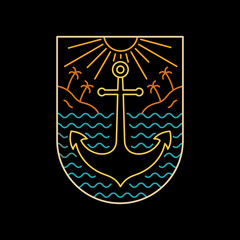 Design vector of the anchor and nature beach in mono line art for badge, t shirt, emblem, etc © fiqqiFaqiih