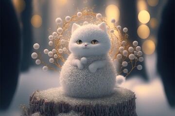 Obraz premium A Cute White Cat Wearing Jewelery In A Snowy Forest created using Generative AI Technology