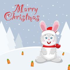 
A gray rabbit in a red New Year's hat and a red scarf with fir trees in the background and carrots in the snow with the inscription "Merry Christmas"