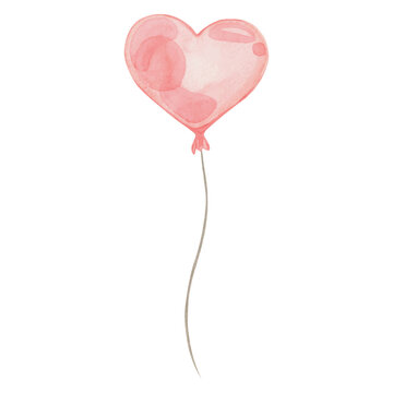 Red Heart Shaped Balloon Watercolor Painting For Valentines Party Illustration. Beautiful Excellent Design For Any Purpose. Isolated On A White Background