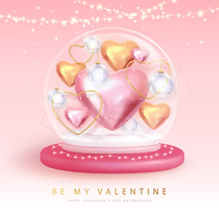 Happy Valentines Day typography poster with 3D snow globe and love hearts. Vector illustration