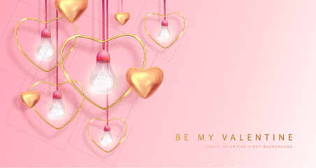 Happy Valentines Day background with 3D  gold love hearts and electric lamps. Valentine interior design. Vector illustration