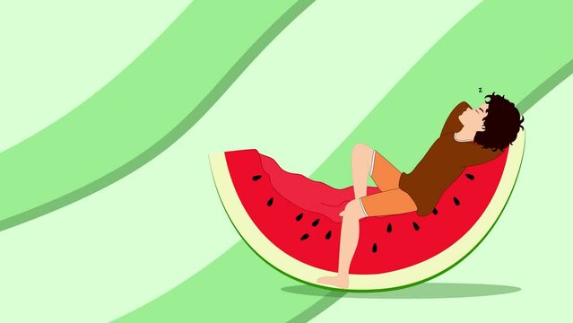 A young boy lying on a slice of watermelon