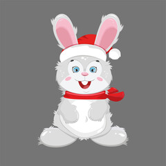 Gray rabbit in a New Year's red hat and red scarf on a gray background in a flat style