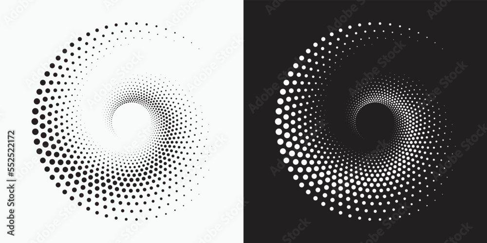 Aufkleber Circle halftone spiral backdrop set. Dotted abstract concentric circle. spiral, swirl, twirl element. Circular and radial dots helix. Design element for multipurpose use.	