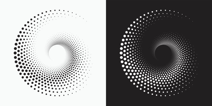 Circle halftone spiral backdrop set. Dotted abstract concentric circle. spiral, swirl, twirl element. Circular and radial dots helix. Design element for multipurpose use.	