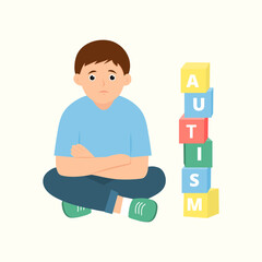 Autism concept. Boy feeling lonely. Child Playing Alone With Cubes Toys with word AUTISM. Vector illustration