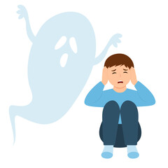 Fear of darkness concept. Child is afraid of ghost. Upset boy  next to monster, ghost in dark. Nightmare, fear of dark, phobia. Vector illustration