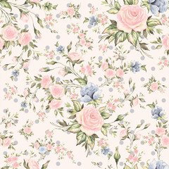 Lovely seamless spring roses pattern. Beautiful print for decoration of textiles and design. Flower background. Art drawing for surface. Tenderness decor.
