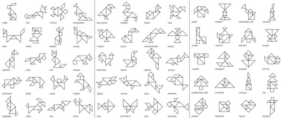 Tangram puzzle game. isolated Tangram line icons.