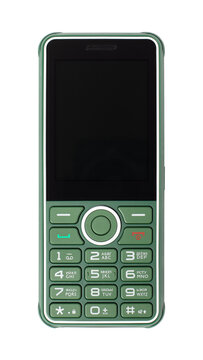 Green push-button mobile phone isolated on white background. Cell phone with buttons, top view.
