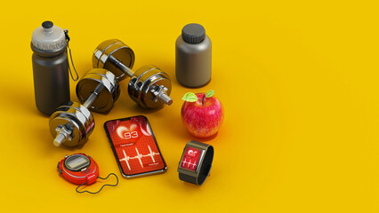 Sports and fitness equipment on yellow background. Copy space on the right. 3D illustration