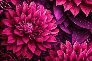 Big flower pattern illustration color Pantone Viva Magenta, Pantone year 2023, created with Generative AI technology