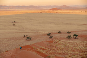 Fototapeta na wymiar Touristin schaut bei Sonnenuntergang von der Elim Düne in Richtung Naukluft Gebirge (Sesriem, Namibia)