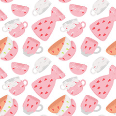 Seamless pattern with cute crockery. Cat-faced cups and heart-shaped bowls. Making handmade ceramics. Vector illustration of hobby and creativity.
