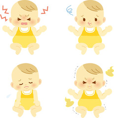 ベビー服を着たご機嫌斜めな表情の赤ちゃんセット＿ベビー全身イラスト10(透過背景)
