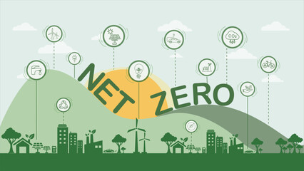 Net zero and carbon neutral concept. Net zero greenhouse gas emissions target. Climate neutral long term strategy with green net zero icon on green background with green eco city .