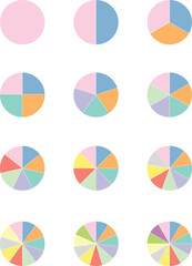 12 Pie chart parts. Circle 1 to 12 sections  Percent graph, diagram statistic wheel. Slice vector graphic elements