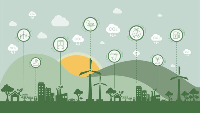 Reduce Carbon Dioxide Emissions To Limit Global Warming And Climate Change. Lower CO2 Levels With Sustainable Development As Renewable Energy And Electric Vehicles - Green City Vector	