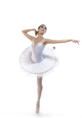 Dance Concepts. Professional Asian Japanese Female Ballet Dancer in White Tutu With Lifted Hands Against White