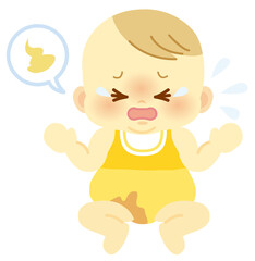 Obraz premium ベビー服のうんこ染みを吹き出しで伝える泣き顔の赤ちゃん＿ベビー全身イラスト71(透過背景) 