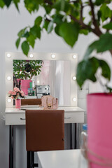 Stylish bright interior with visagist's workplace in beauty salon