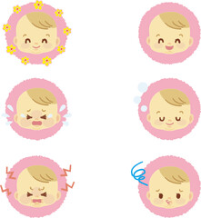 イラスト素材:かわいい赤ちゃんが喜怒哀楽の表情を見せるアイコンマークシリーズ　手描きテイスト2(透過背景)
