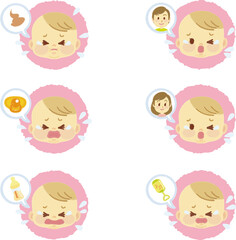 イラスト素材:かわいい赤ちゃんが喜怒哀楽の表情を見せるアイコンマークシリーズ　不機嫌　手描き風8(透過背景)
