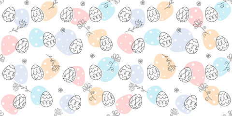 Decorative Easter eggs, flowers and inflorescences on a white background with multicolored spotted eggs. Festive endless texture. Vector seamless pattern for festive design and Easter wrapping paper