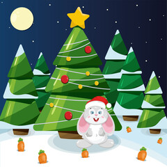 A gray hare with big ears in a New Year's red hat, in a forest with a Christmas tree decorated with New Year's toys and carrots in the snow in a flat style