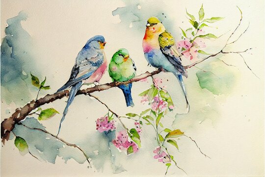 Colorful Birds Sitting On A Tree Branch