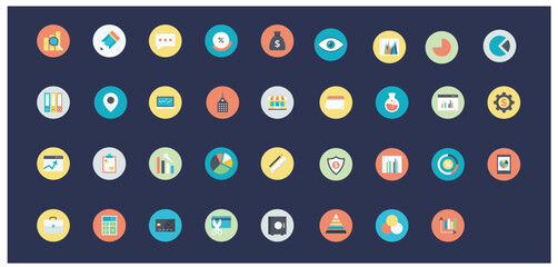 Set Universal Standard Icons on Flat Circular Colored  vector elements 