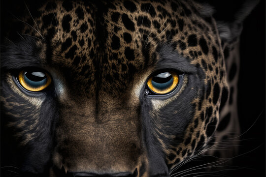Close up on a black leopard eyes on black