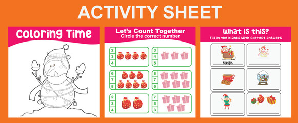 3 in 1 Activity Sheet for children. Educational printable worksheet for preschool. Coloring, counting together and writing activity. Vector illustrations. 