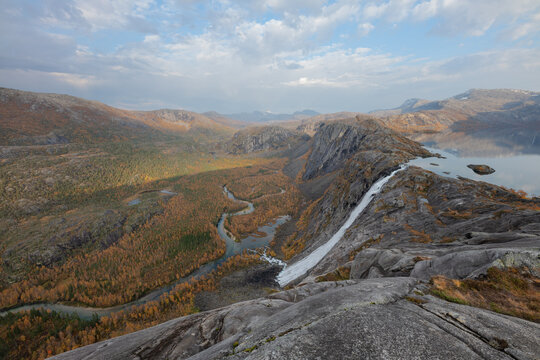 Waterfall flowing from Litlvervatnet lake, Rago national park, Norway